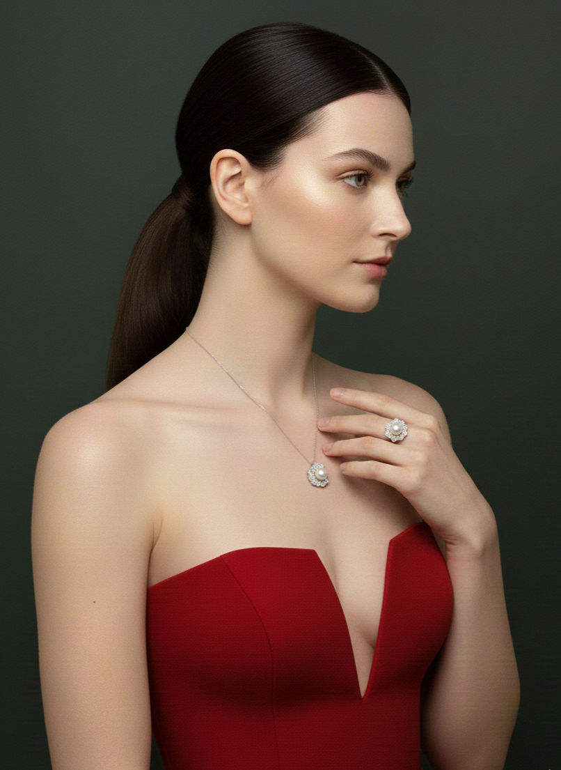 Classici gioielli eleganti con oro bianco, argento, oro giallo e perle.