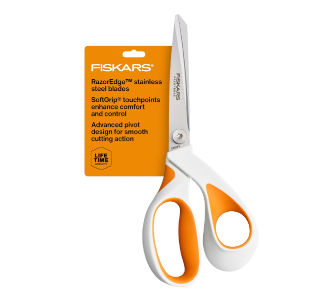 Fiskars RazorEdge Tijeras de tela, tijeras de tela resistentes, cuchillas de acero inoxidable ultra afiladas y mango ergonómico SoftGrip, 8 pulgadas, blanco/naranja