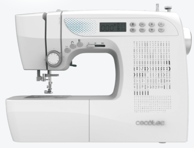 White computerized sewing machine with digital display and control buttons.