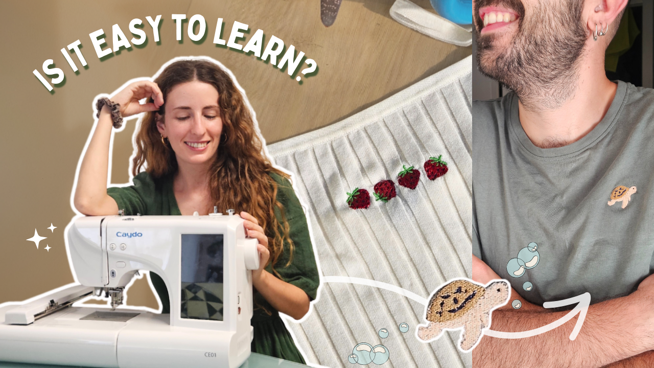 A woman smiling at a sewing machine with the text 'Is it easy to learn?' above her. A man is partially visible on the right side, smiling, with embroidered strawberries and a cute turtle patch on his shirt, and a cartoon turtle with bubbles next to him.