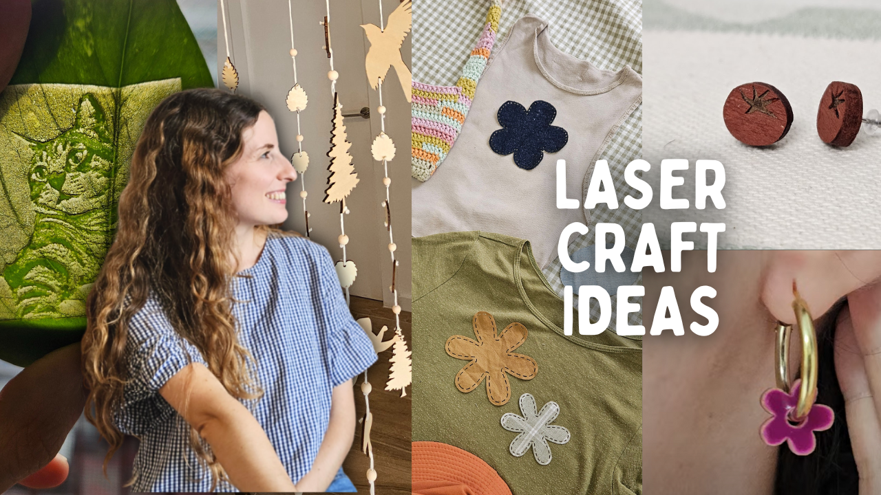 A woman with long curly hair and a gingham shirt looking to her right inside a room decorated with hanging wooden ornaments. Beside her are colorful stuffed toys, fabric flowers, and leather patches, along with handmade jewelry featuring flower charms.