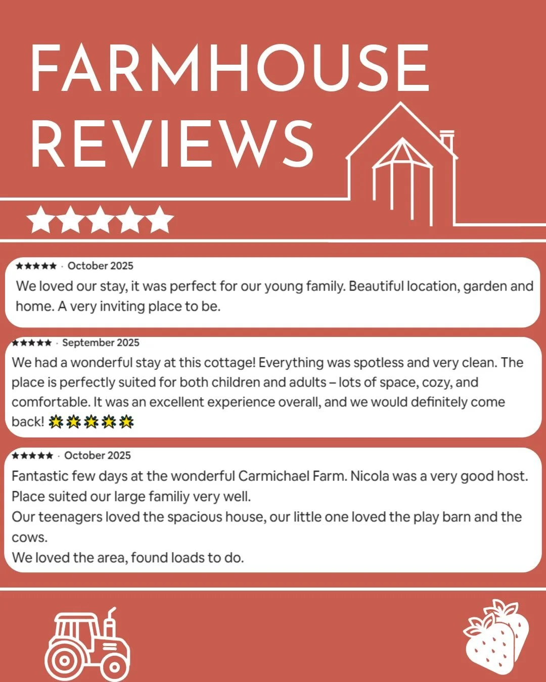 We love reading your reviews and feedback!! Some of our recent favourites from the Farmhouse🌟🍓🌾🙌🏻 

Come and stay and see for yourself🤩🤩

‼️Link in bio to book today‼️