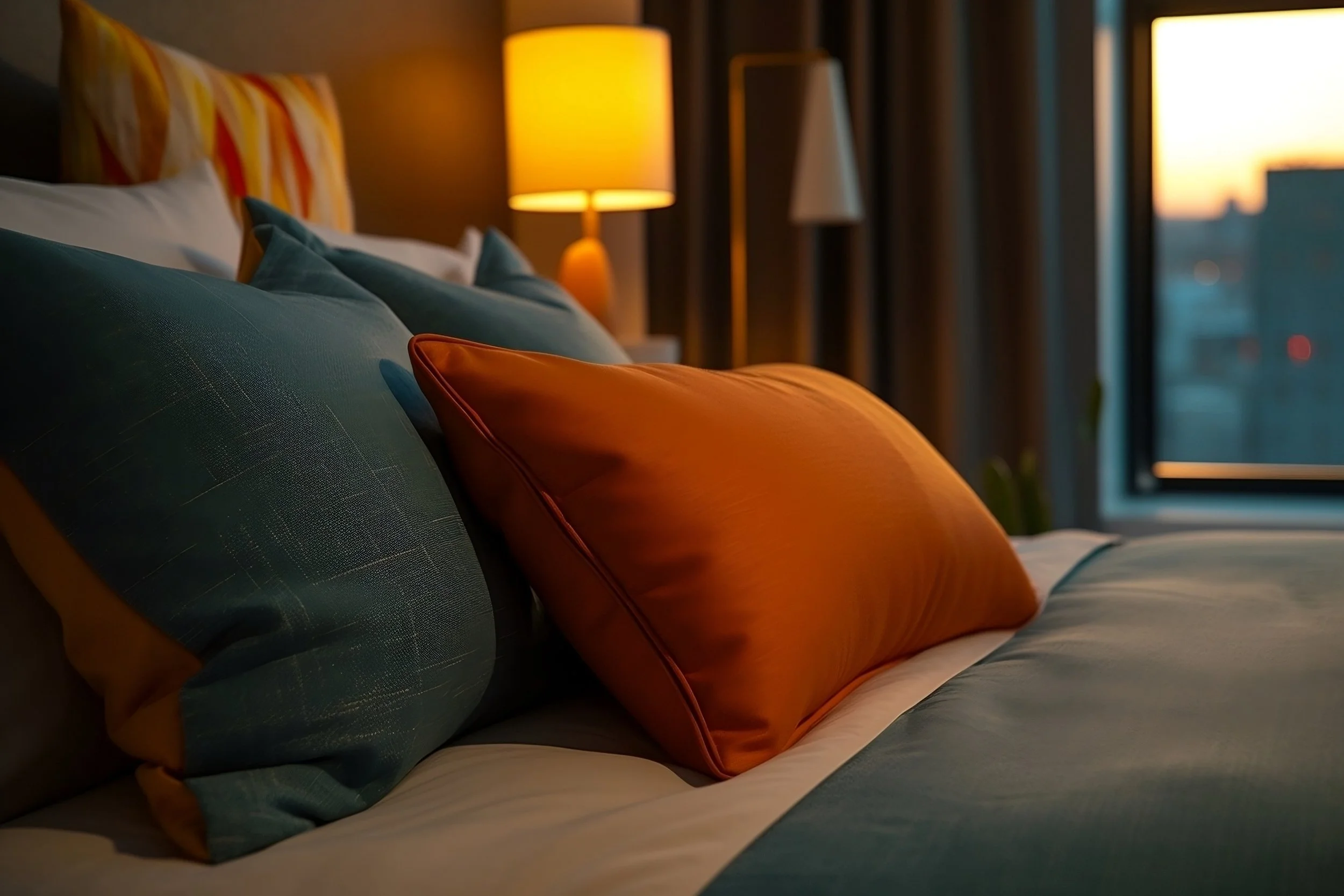A bed with blue and white bedding, topped with a bright orange pillow, in a dimly lit room with a nightstand, a lamp, and a window showing sunset or evening outside.