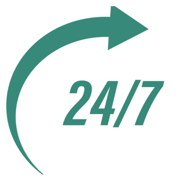A teal-colored arrow in a circular shape with the text '24/7' inside, indicating round-the-clock service.