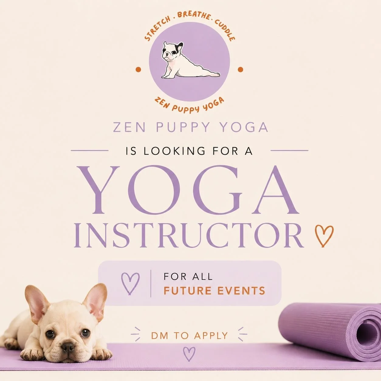 Looking for someone who is:
&bull; Warm &amp; energetic
&bull; Comfortable leading groups
&bull; Loves puppies
&bull; Weekend availability preferred

Small classes &bull; Fun environment &bull; Paid opportunity

DM us on Instagram to apply 💌
@ZenPup