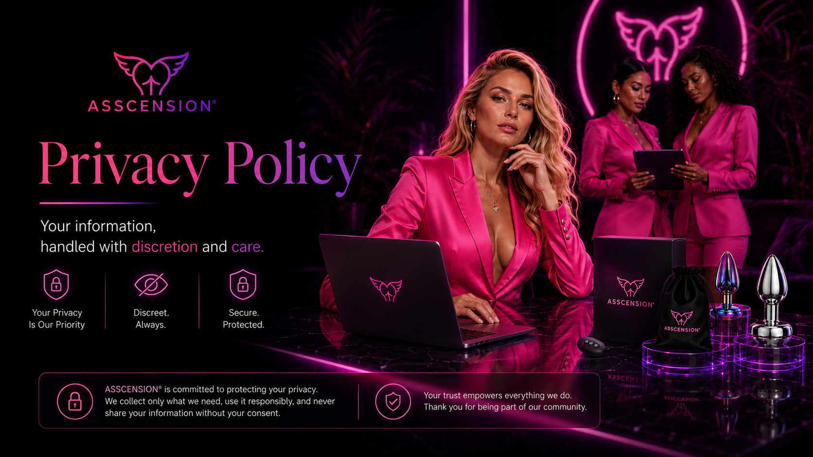 A privacy policy poster from ASSCENSION featuring a woman in a pink suit sitting at a table with laptop, with two women in pink suits in the background. The poster emphasizes privacy, discretion, and security with icons and text.