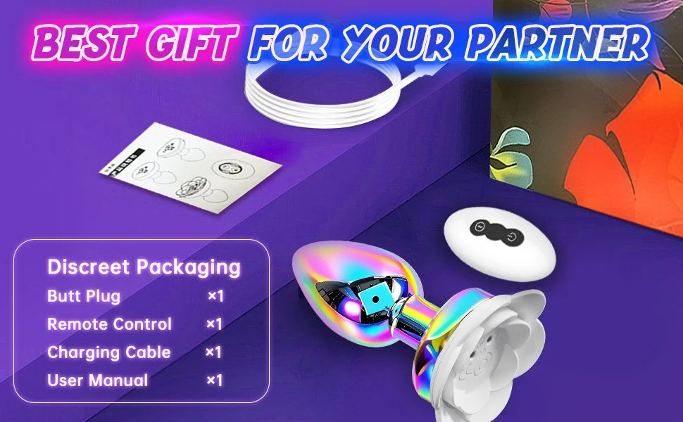 Packaging box and contents for a toy or gadget, including a butt plug, remote control, charging cable, and user manual, with a colorful background and text that says 'Best Gift for Your Partner'.