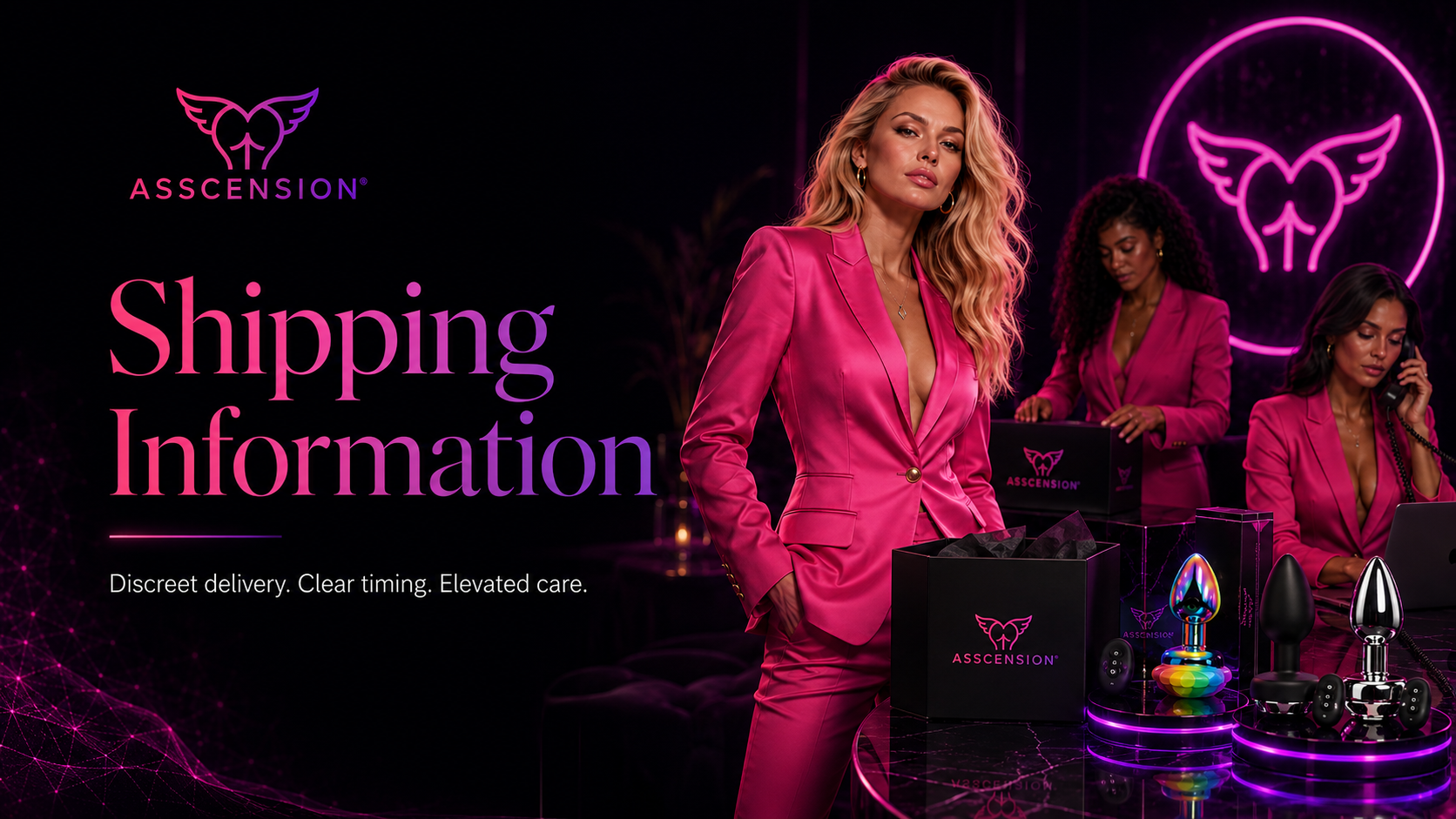 A promotional image for Asscension featuring three women in hot pink suits, surrounded by rainbow-colored and black vibrators on a black glossy table, with neon pink and purple lighting and a winged skull logo in the background.