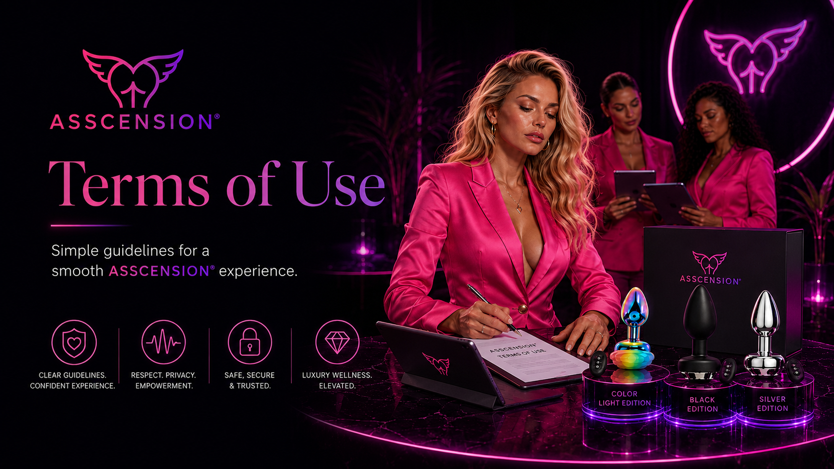 Display of 'Terms of Use' for ASSCENSION with a woman in a pink blazer sitting at a table writing in a notebook, with two women in pink blazers in the background looking at tablet devices, and three vibrating massage devices labeled as 'Color Light Edition,' 'Black Edition,' and 'Silver Edition' on a black table with a black box in the background. Text highlights guidelines for a smooth ASSCENSION experience.