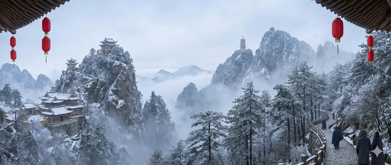 Snow-covered mountain landscape with traditional Chinese pagodas, mist, pine trees, and a stone path with visitors wearing winter coats.