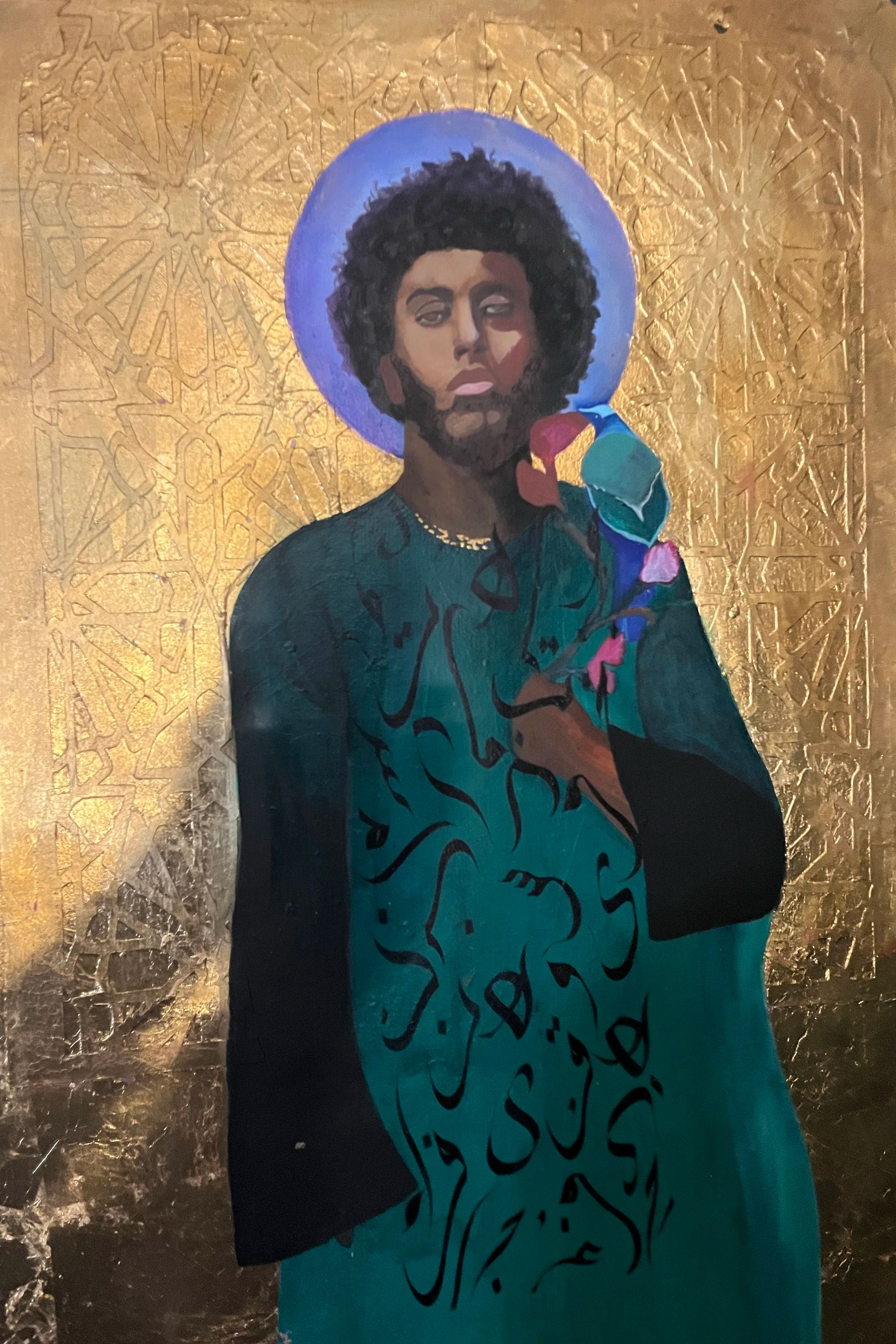 A painted portrait of a person with a halo holding a bouquet of roses, set against a gold background with intricate patterns.