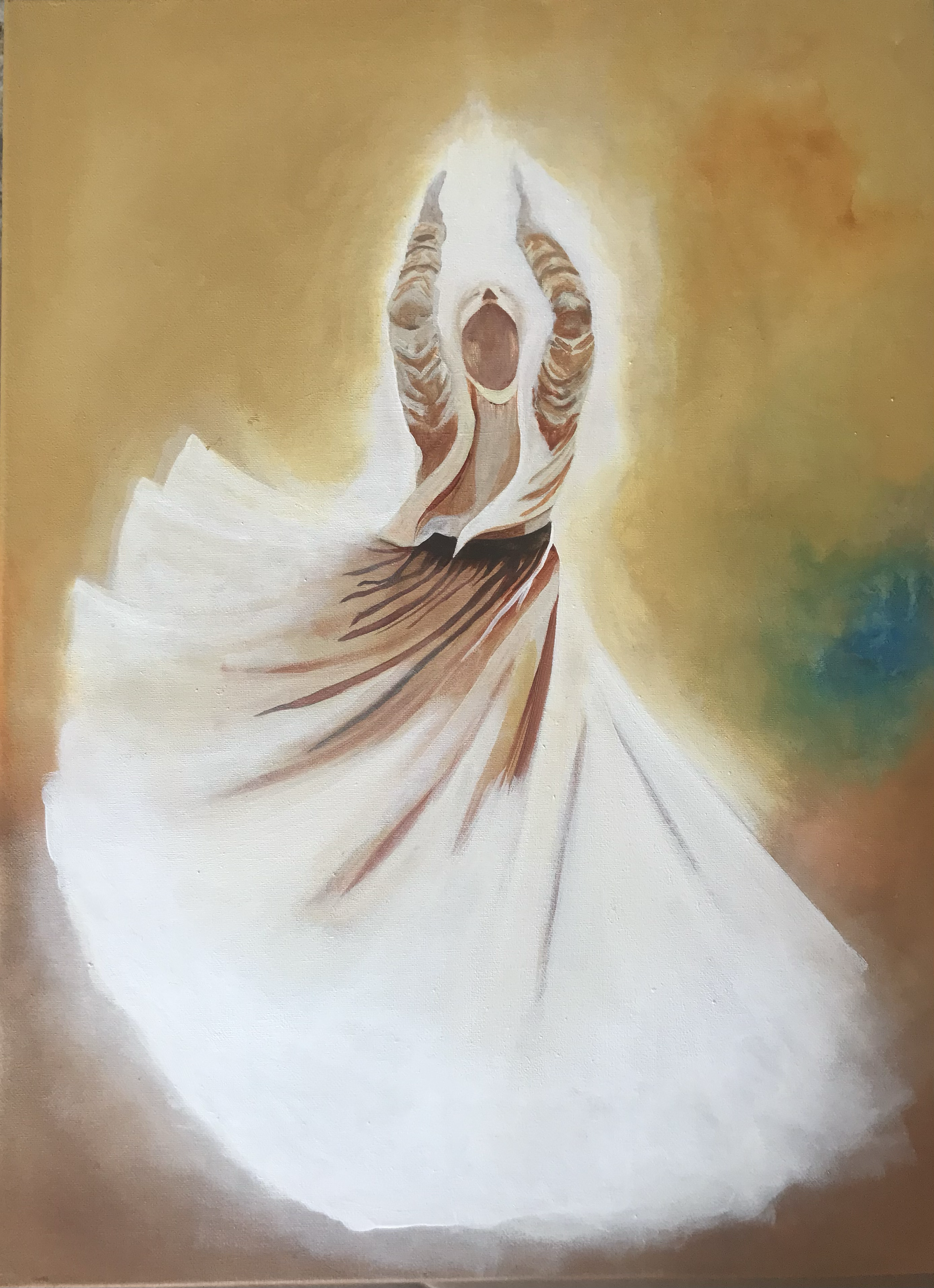 Abstract painting of a whirling dervish, flowing skirt, and an explosion of color in the background.