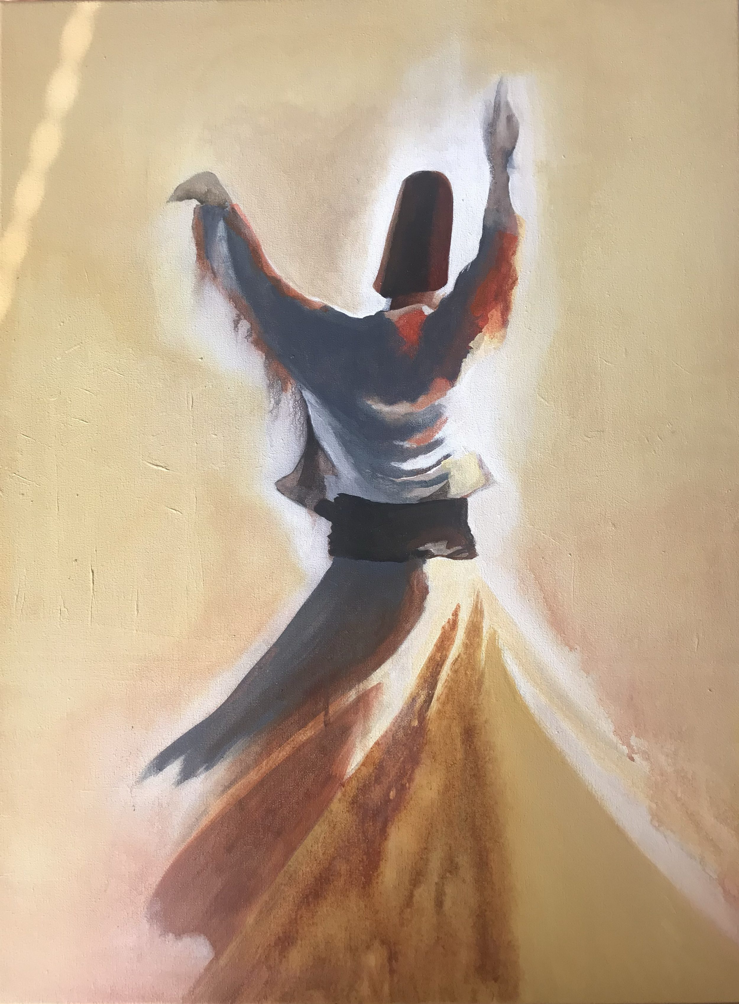 A painting of a whirling dervish with arms raised, facing away.