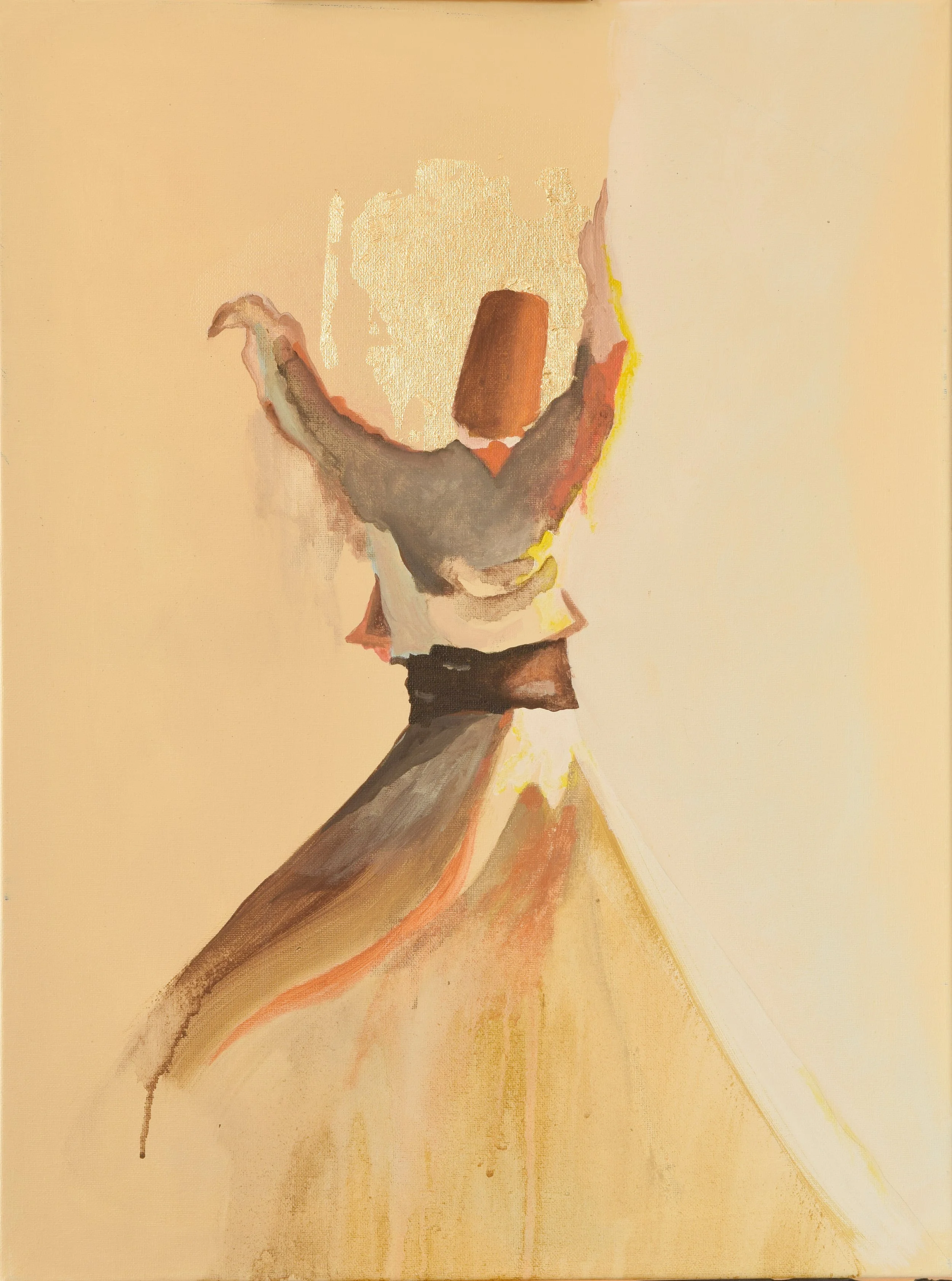 Watercolor painting of a whirling dervish with his arms raised, facing away.