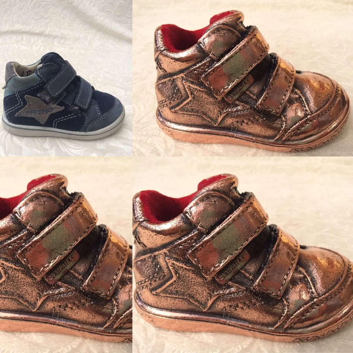 Four images of children's shoes: a small navy blue sneaker with Velcro straps and a star patch, and three images of a metallic bronze high-top sneaker with Velcro straps and red interior lining.