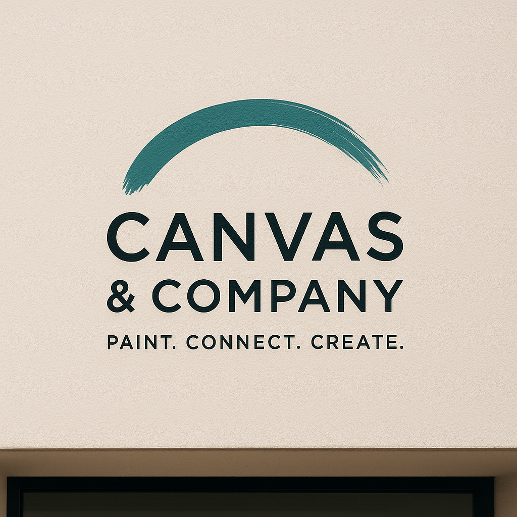 Logo for Canvas & Company with a paintbrush stroke above the text 'CANVAS & COMPANY' and the tagline 'PAINT. CONNECT. CREATE.' on a cream-colored background.