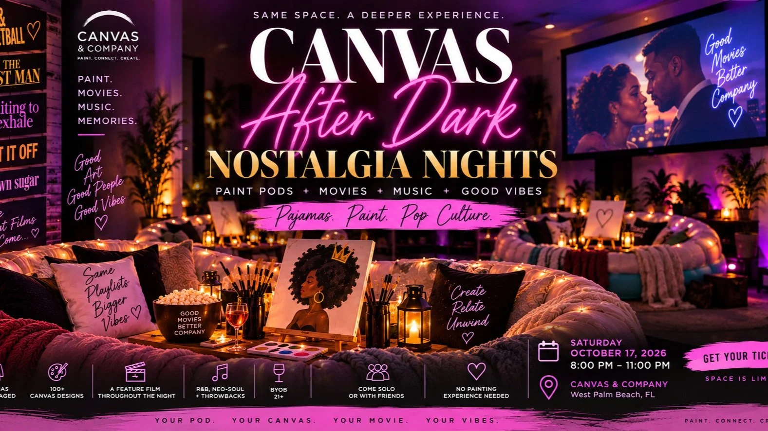 Remember when movie night was an event? 🎬✨

The movie. The soundtrack. The quotes everybody knew. The scenes we still talk about years later.

Welcome to Canvas After Dark: Nostalgia Nights&mdash;a cozy after-hours experience combining:

🎨 Self-pac