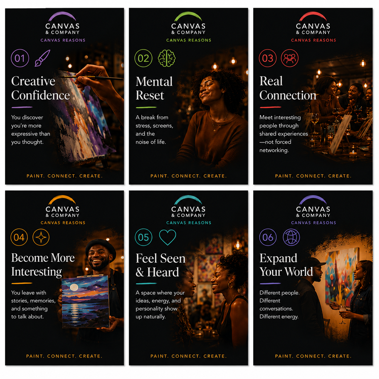 Six promotional posters for Canvas & Company, each highlighting different reasons to join, including creative confidence, mental reset, real connection, becoming more interesting, feeling seen and heard, and expanding your world, with diverse images of people engaging in artistic and social activities.