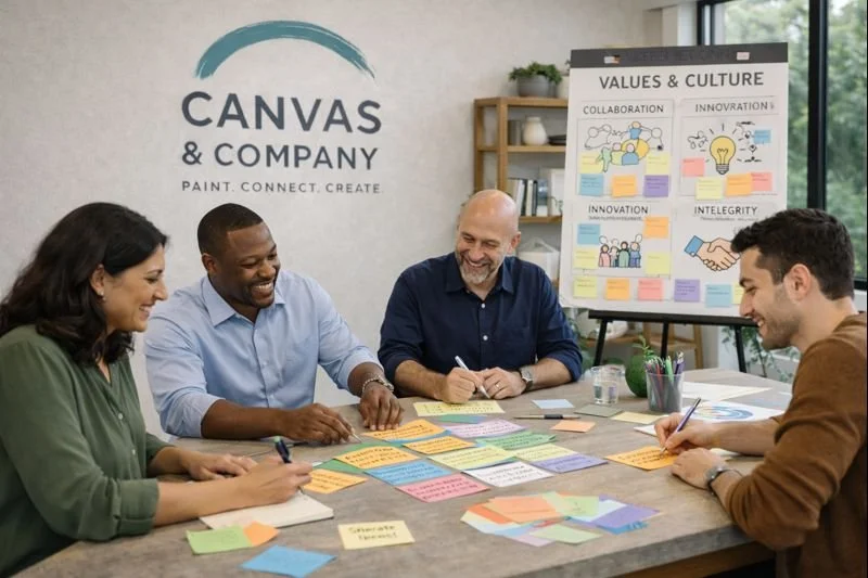 Group of five diverse people working and collaborating at a table with colorful sticky notes, markers, and papers in a modern office with a "Canvas & Company" sign in the background, engaging in a creative and planning session.