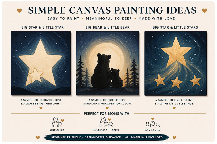 A poster titled 'Simple Canvas Painting Ideas' showing three easy-to-make star-themed paintings: one with a big star and small star with a nighttime sky background, one with two bears under moonlight and trees, and one with a big star and smaller stars with a night sky background. The poster describes each image's symbolism and suggests it's perfect for moms with one child, multiple children, or any family, emphasizing beginner-friendly guidance and inclusive materials.