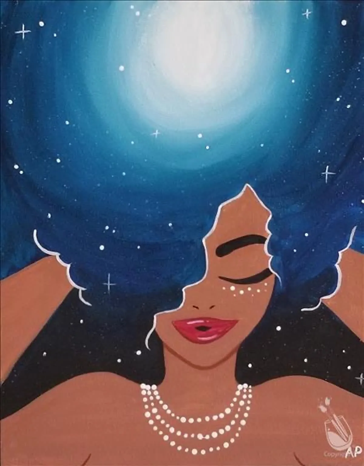 A woman with dark, cloud-like hair shaped like a starry night sky, with a bright moon or sun at the top, her eyes closed, smiling, wearing pearl necklaces, with star-like details on her face and hair.