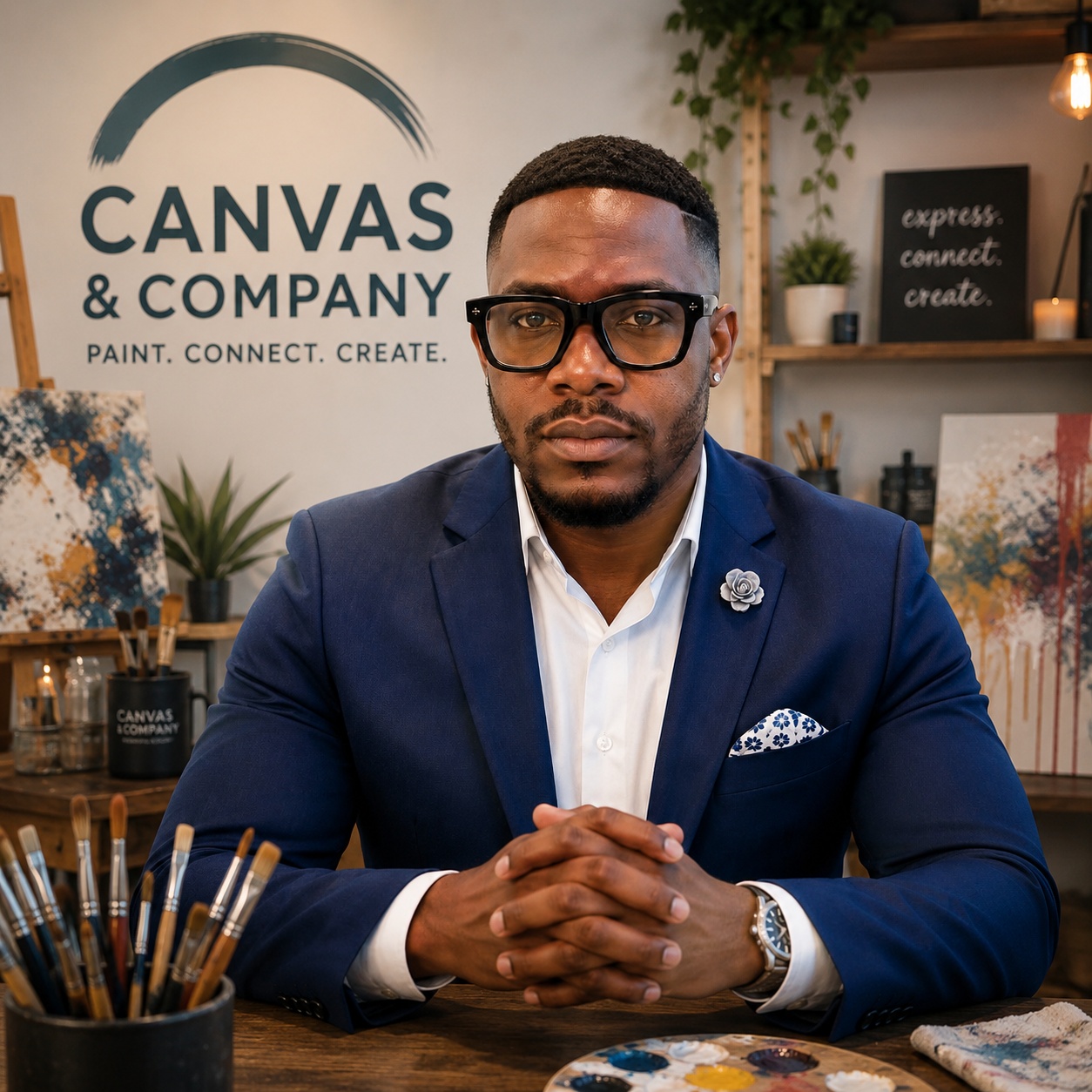 A man in a blue blazer and glasses sitting at a wooden table in an art studio with painting supplies, artwork, and a sign that reads 'Canvas & Company.'