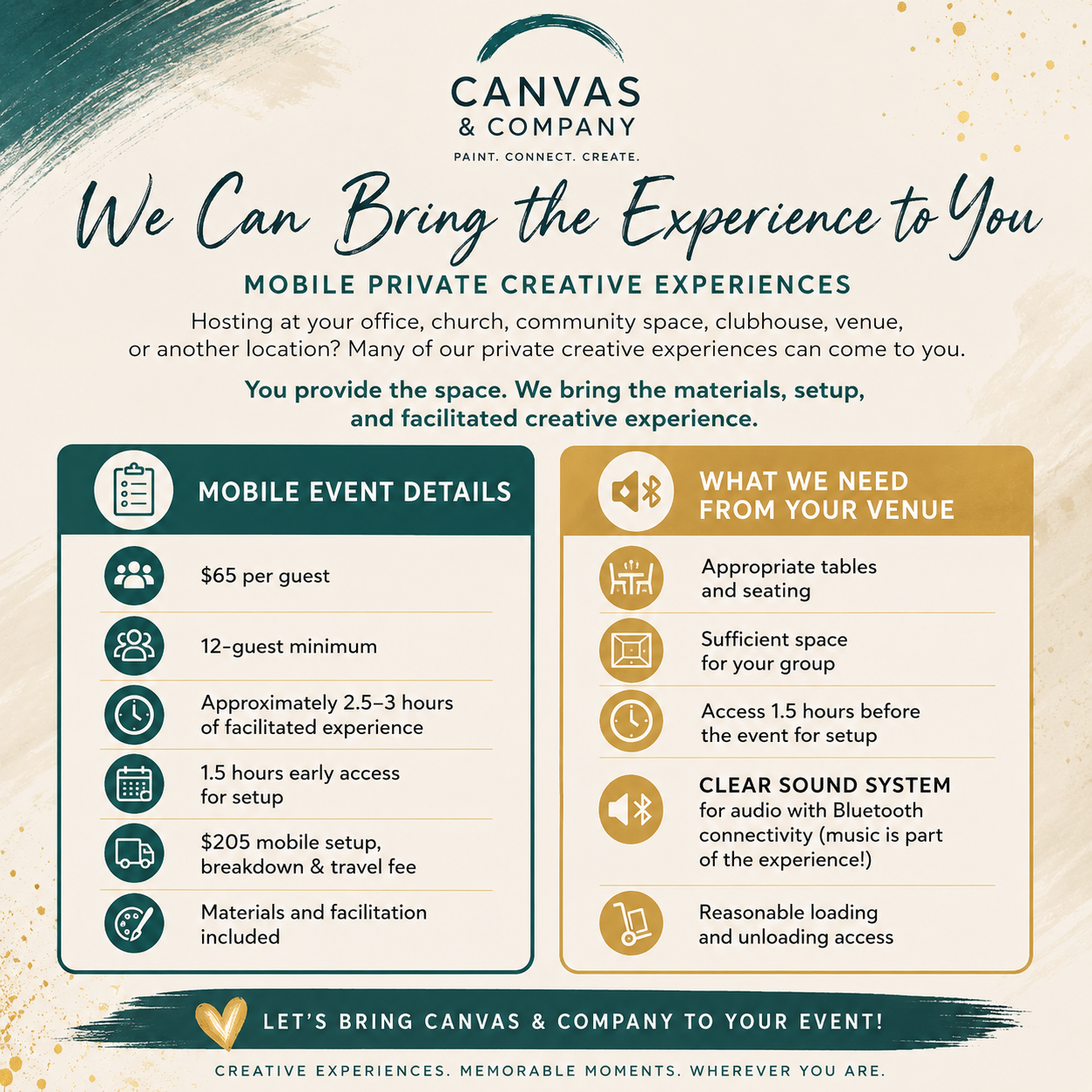 Information flyer for Canvas & Company promoting mobile private creative experiences. Details include event costs, requirements from venues, and setup information.