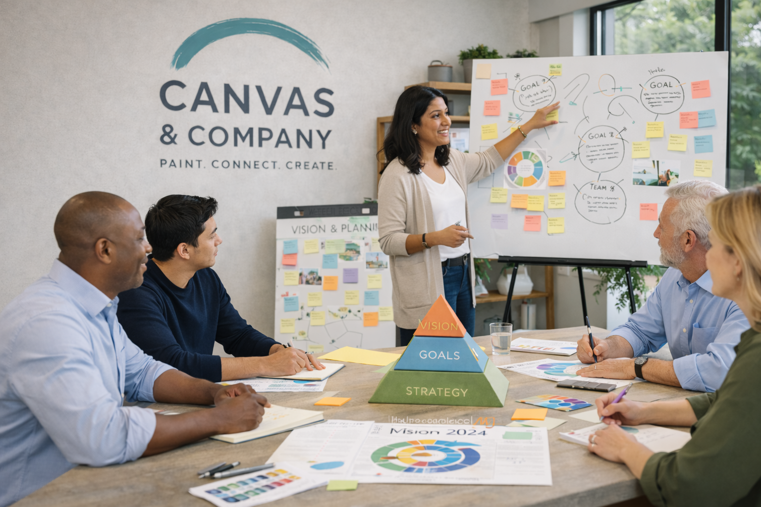 A woman presenter standing next to a whiteboard with notes and charts, speaking to a diverse group of colleagues seated at a conference table during a business meeting.