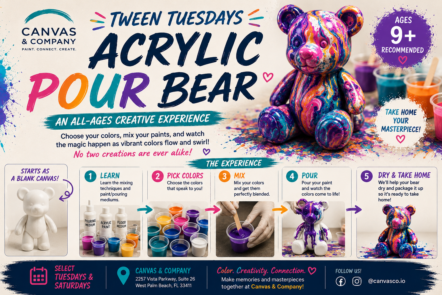 An advertisement for Tween Tuesdays Acrylic Pour Bear event at Canvas & Company. Features a multicolored acrylic pour teddy bear and steps for creating your own, including learning, choosing colors, mixing, pouring, and dry and take home. Recommended for ages 9 and up.