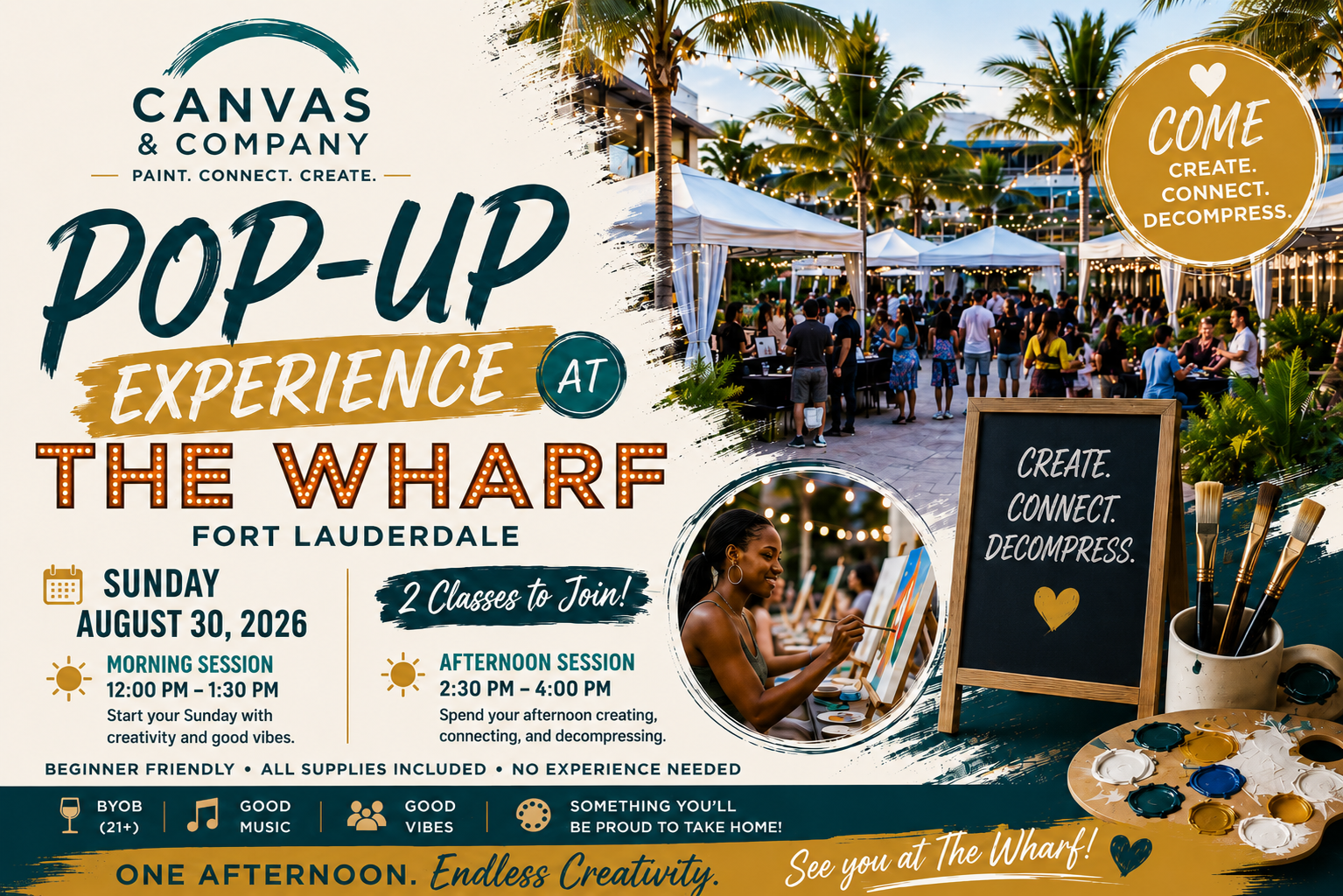 Event flyer for a pop-up art and painting experience at The Wharf in Fort Lauderdale on Sunday, August 30, 2026, featuring outdoor music, food, and art activities, with details about morning and afternoon sessions, and images of people participating in painting and socializing.