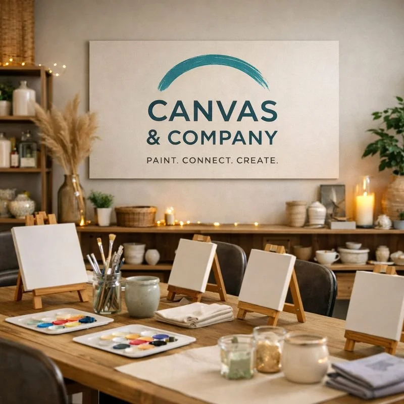An art studio setup with small canvases on easels, paint palettes, brushes, and jars of supplies on a wooden table, with shelves holding pottery, plants, candles, and a large sign reading "Canvas & Company" on the wall.