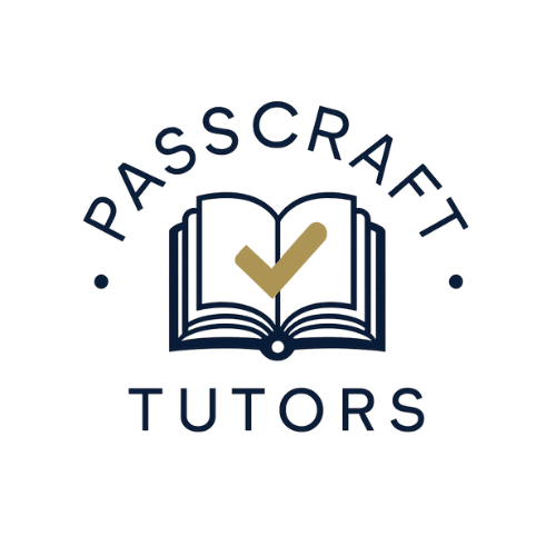 The logo features an open book with a yellow checkmark inside it, the words "PASSCRAFT TUTORS" encircle the book, with "PASSCRAFT" at the top and "TUTORS" at the bottom.