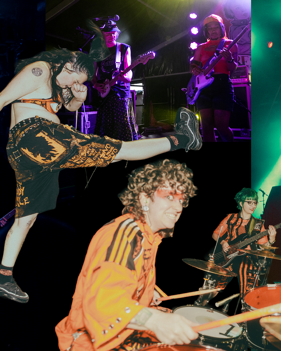 A live music performance featuring a band with four members. Two women are playing guitars on stage, one with short dark hair and the other with short dark hair, wearing glasses. On the stage, a woman with curly hair is playing drums and smiling, wearing an orange patterned shirt, while another woman with short curly hair is playing bass guitar, wearing glasses and a red patterned shirt.