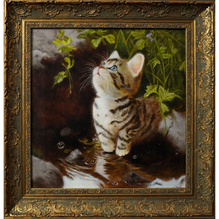 Curious, Oil Painting of a Kitten on Stretched Linen Canvas