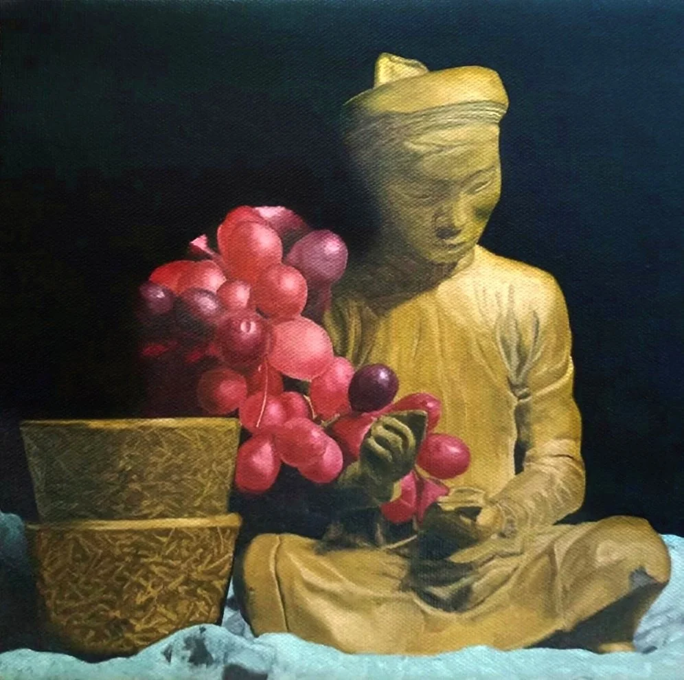 Grapes on a Scribe, 2025, Oil on Canvas — 9x12 in