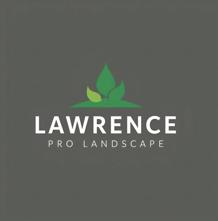 Logo for Lawrence Pro Landscape with a green leaf graphic above the company name on a dark gray background.