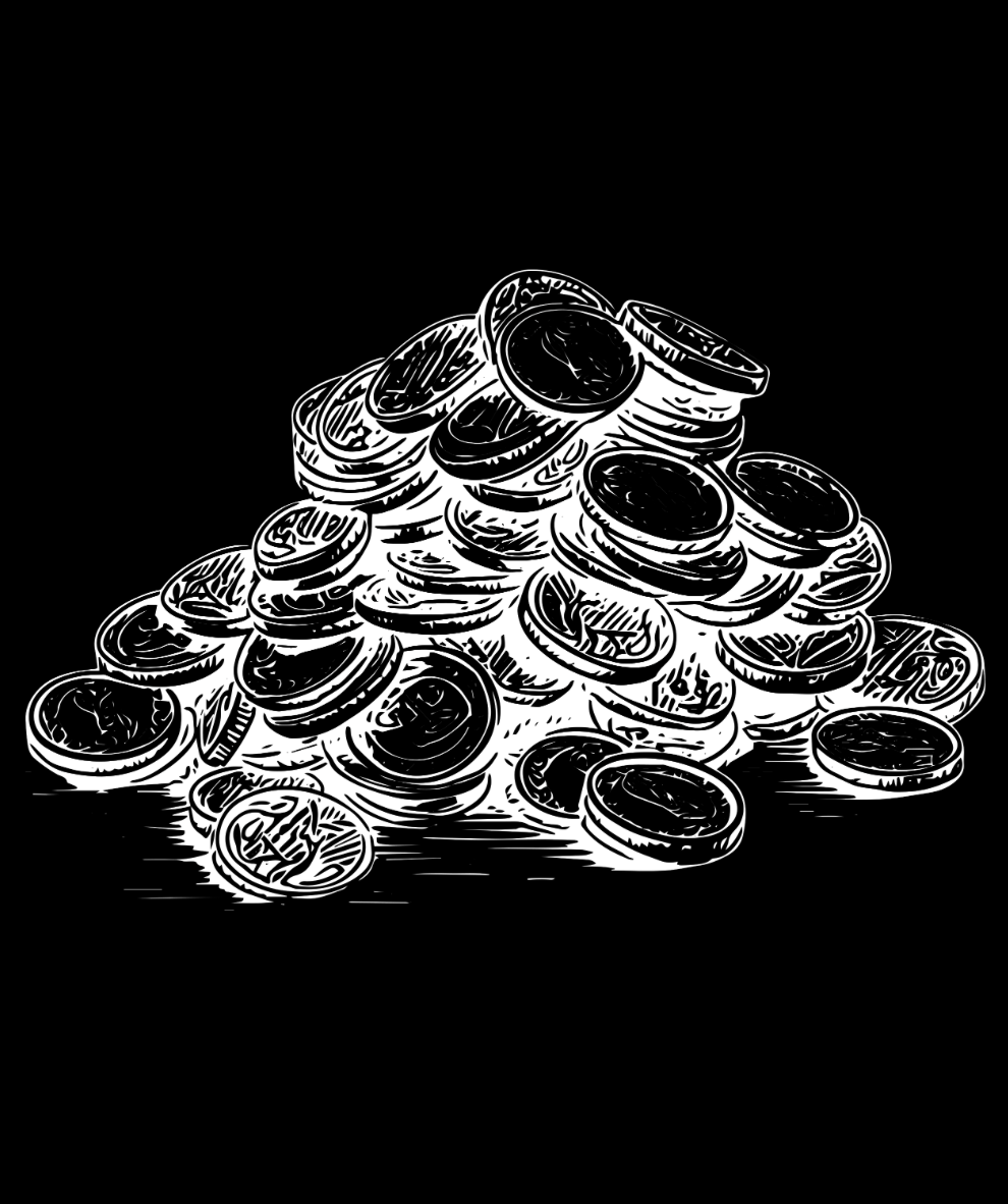 Black and white illustration of a pile of coins on a dark background.