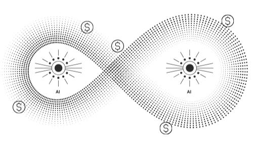 A black background with an infinity symbol made of small white dots and two stylized sun or eye symbols with