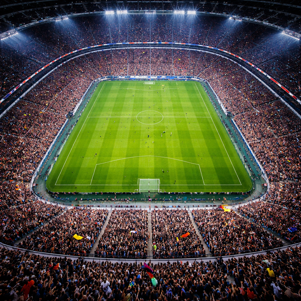 Overhead view of a packed football stadium with a bright green field and spectators in the stands, illuminated by stadium lights.