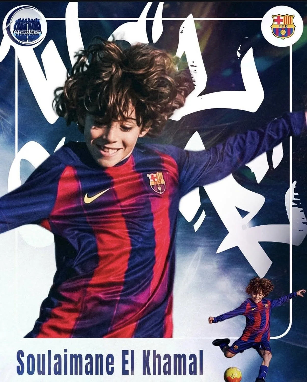 A young boy with curly hair, wearing a Barcelona soccer jersey, jumping with a soccer ball at his feet, in front of a graphic background branding the FC Barcelona team.