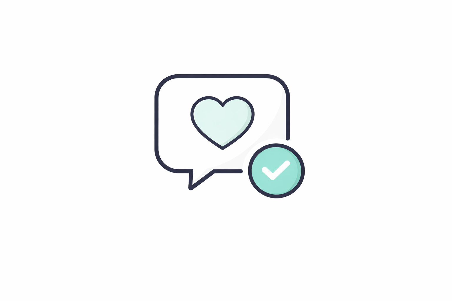 A digital icon showing a speech bubble with a heart inside and a checkmark next to it.