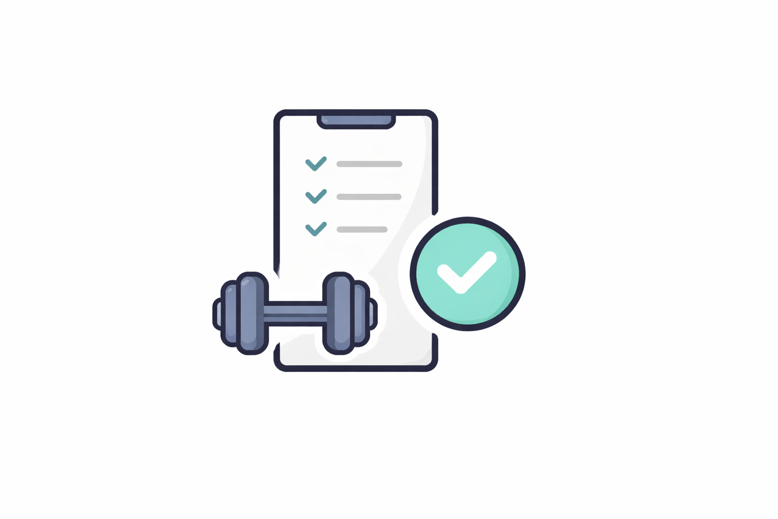 A fitness tracking app with a checklist on a smartphone screen, a dumbbell representing exercise, and a large green checkmark indicating completion.