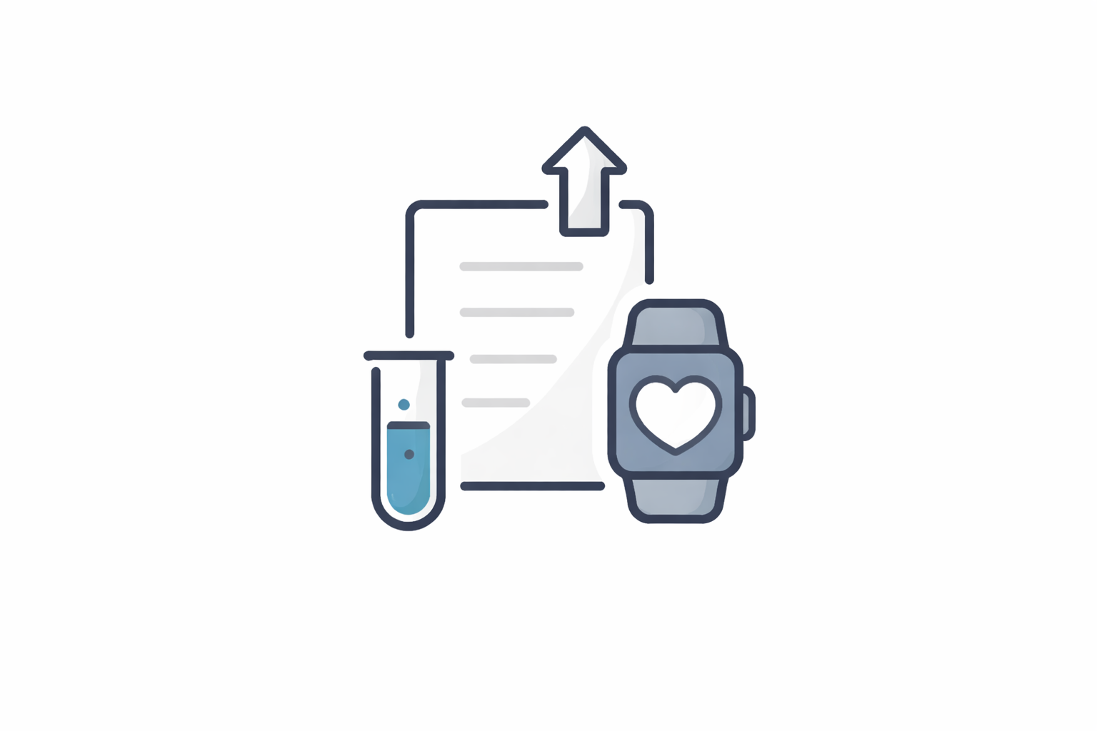 Illustration of a scientific test tube with blue liquid, a document with an upward arrow, and a smartwatch with a heart icon.