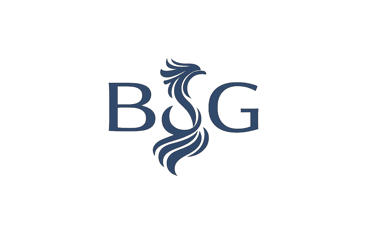 A logo with the letters B, S, G in blue, arranged around a stylized seahorse image, on a black background.