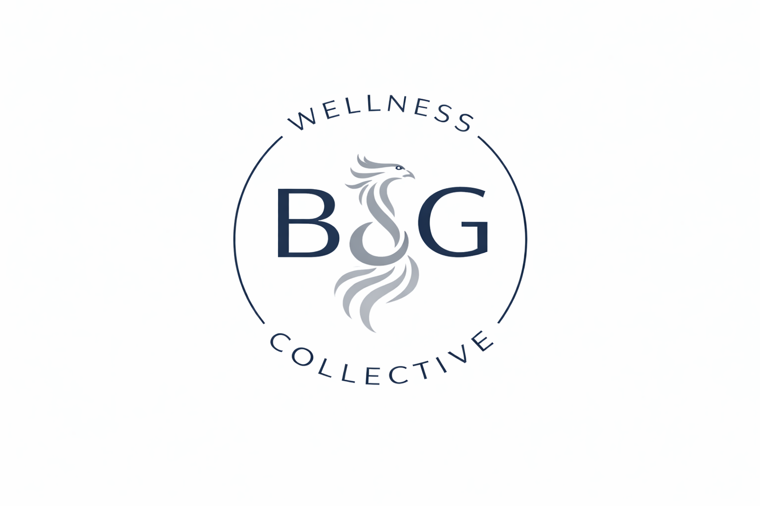 Wellness collective logo with a stylized dragon in the center and the letters 'B' and 'G' on either side, encircled by the words 'Wellness' at the top and 'Collective' at the bottom.