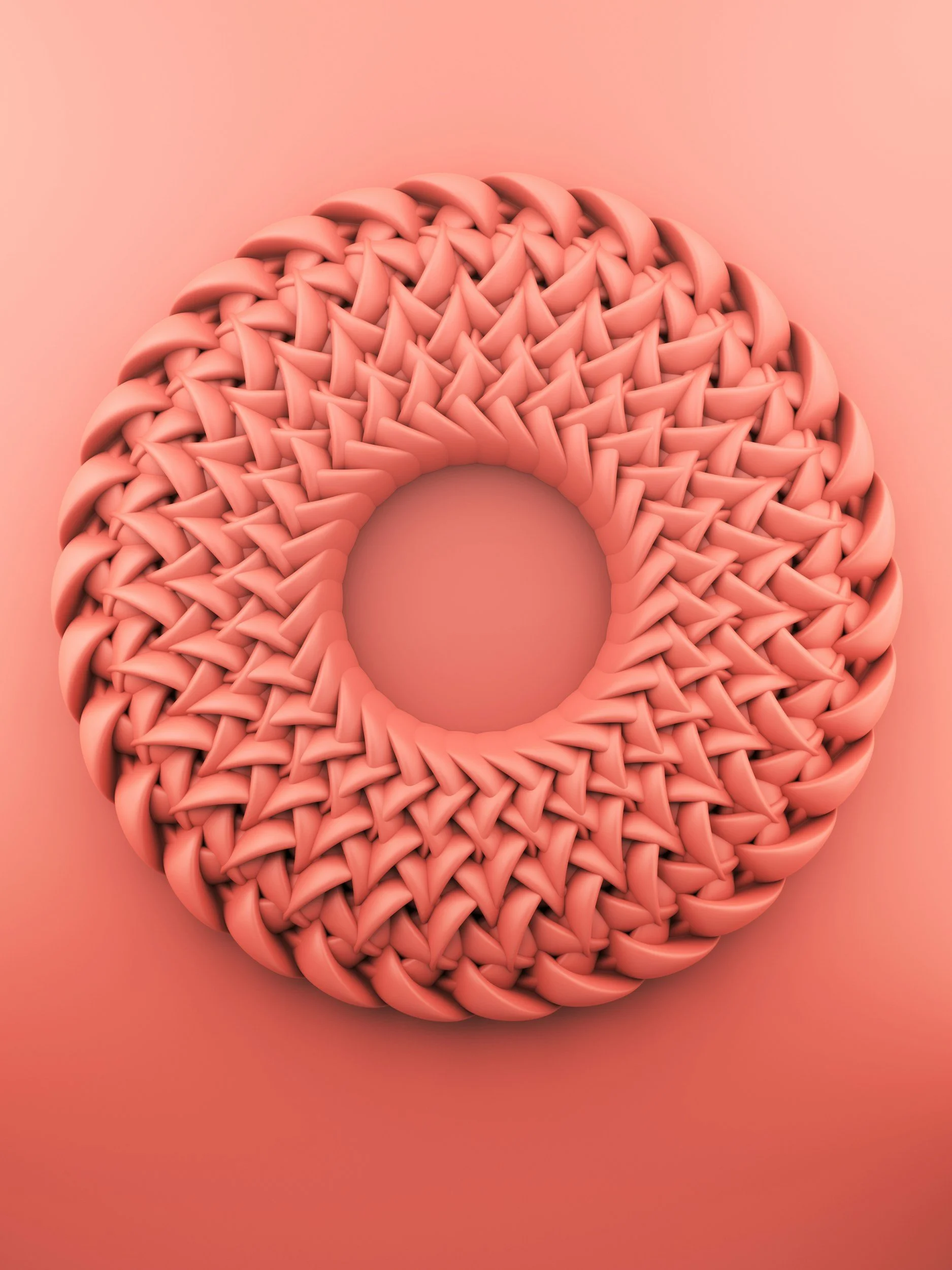 A 3D-rendered digital image of a peach-colored, woven, donut-shaped object on a matching peach background.