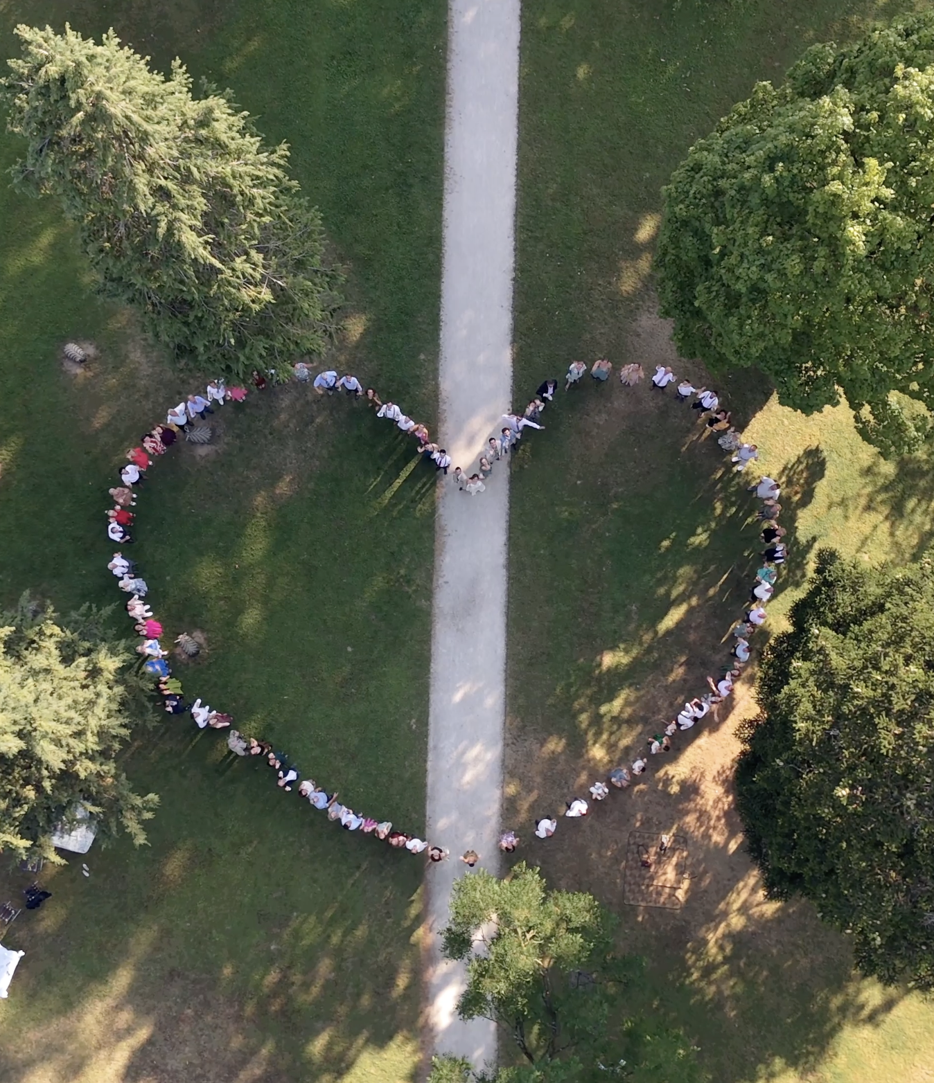 Aerial view of a group of people forming a heart shape around a walkway in a park, with trees and grass on either side.