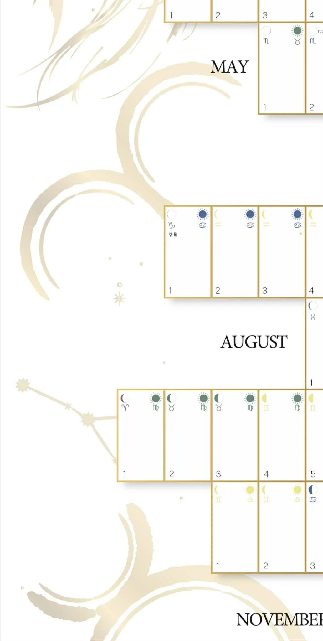 A section of a calendar showing months May, August, and November with astrological symbols and moon phases, featuring a light beige decorative background.