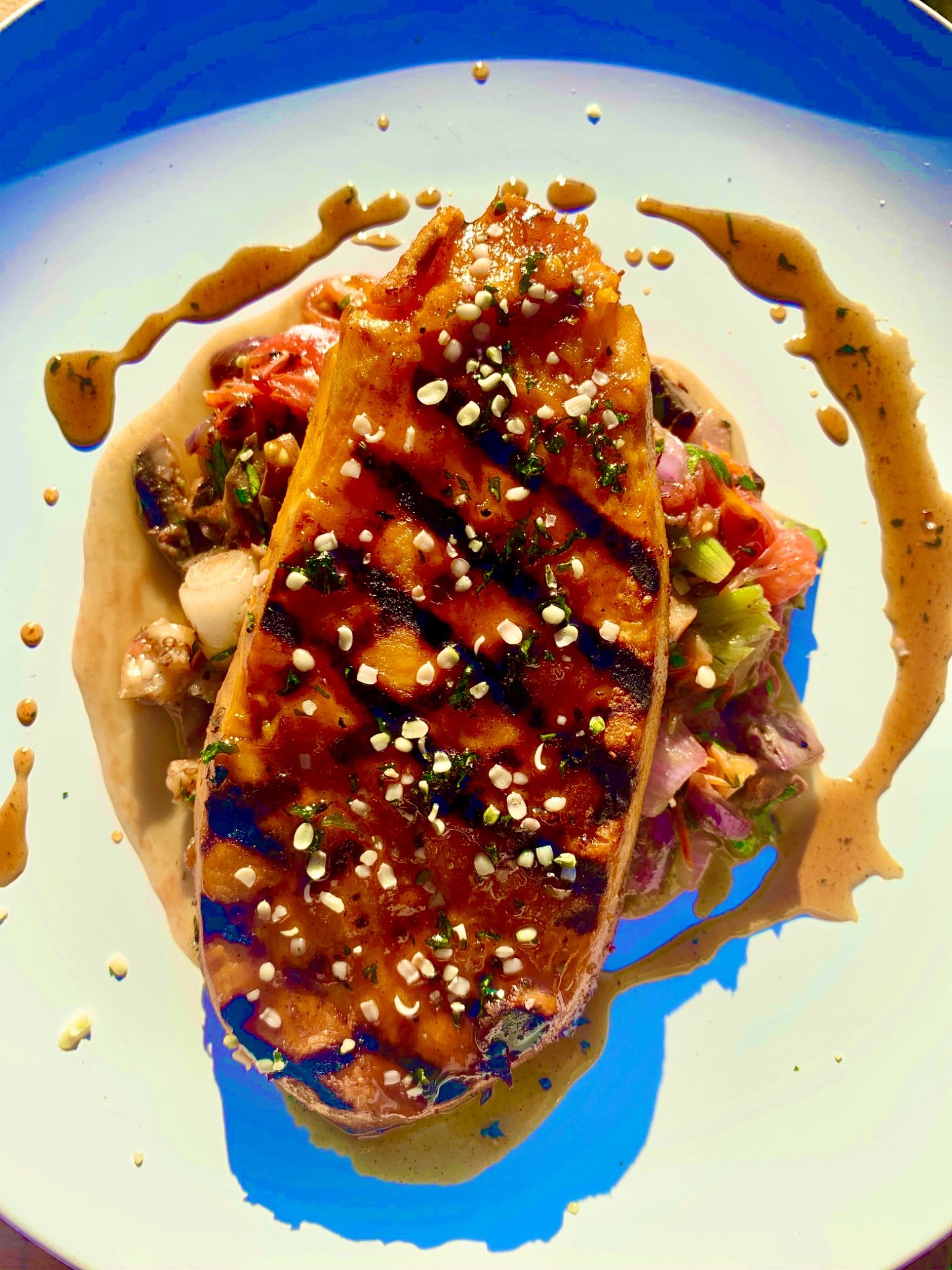 Middle Eastern Roasted Eggplant Salad With A Grilled Batatas