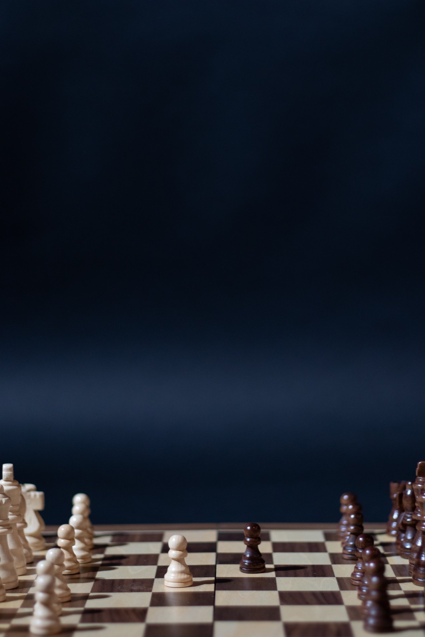 Chessboard with white and dark chess pieces, set up for a game.